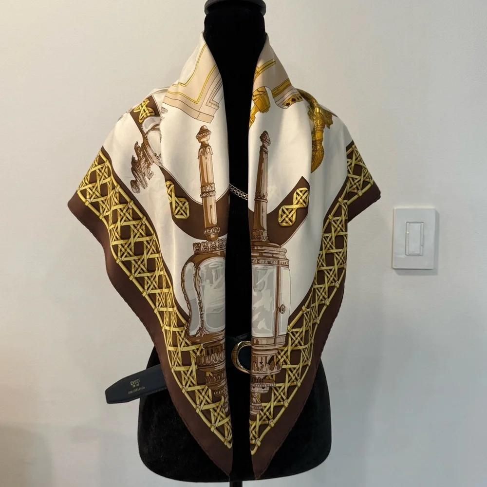 Hermes Paris Silk Scarf with Gold and Brown 34”